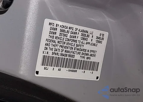 2003 Honda Odyssey Ex-L z USA, uszkodzony, nr VIN 5FNRL18943B155003